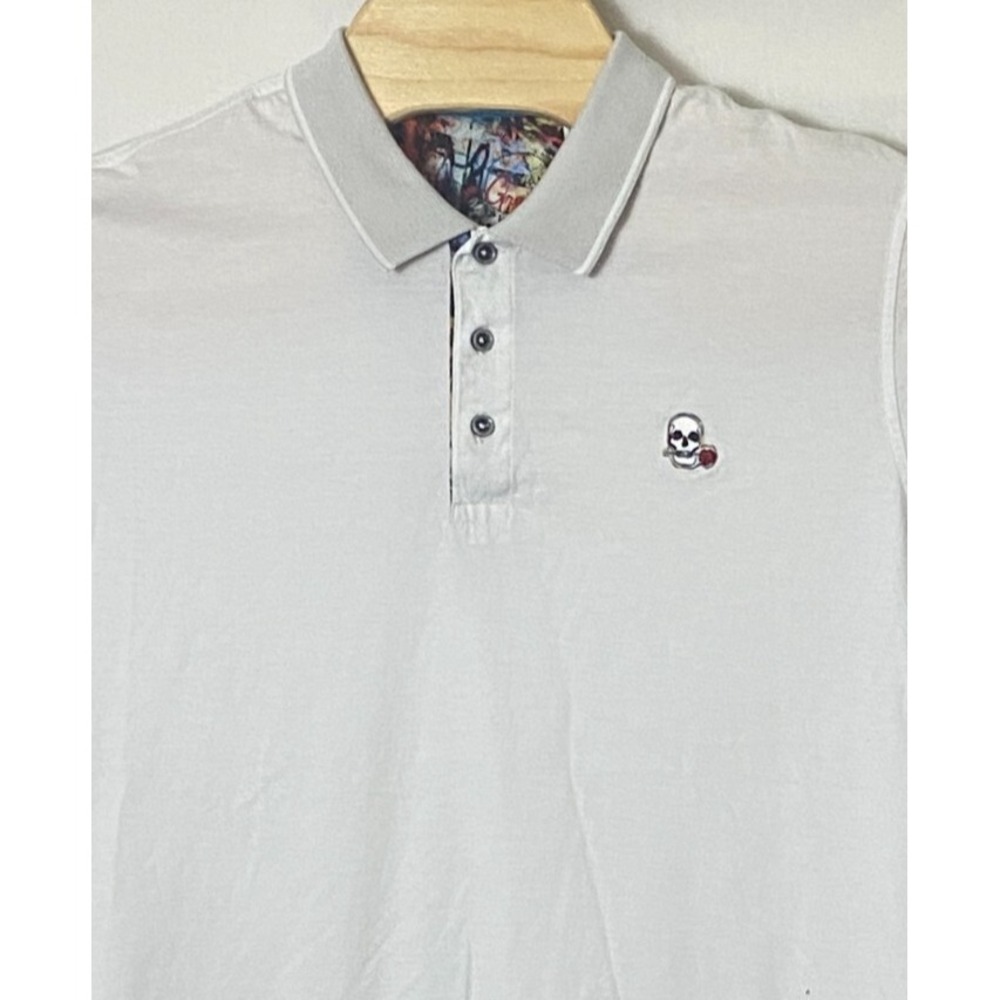 Robert Graham Mens Polo Shirt Large White Accent Collar Embroidered Rossi Skull